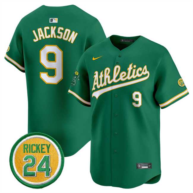 Men%27s Oakland Athletics #9 Reggie Jackson Green 2024 Limited With Rickey Henderson Patch Stitched Jersey Dzhi->new york mets->MLB Jersey